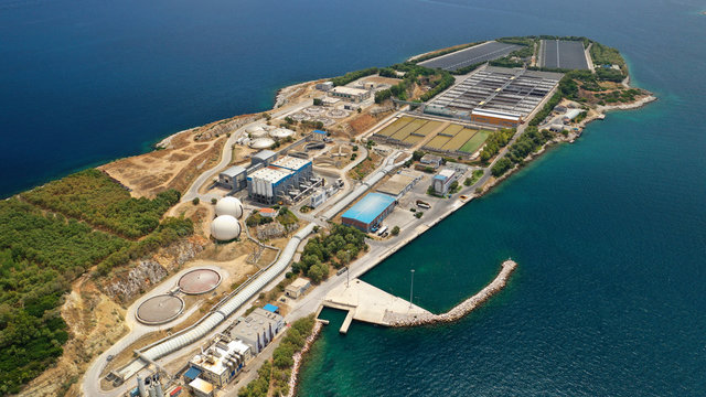 Aerial drone photo of famous industrial sewage treatment plant of Attica area located in islet of Psitaleia, Greece