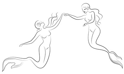 Silhouette of two mermaids. Beautiful girls swim in the water, dance. The lady is young and slim. Fantastic image of a fairy tale. Vector illustration
