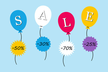 Sale of special offers, a bright advertising banner on a transparent background with balloons and price tags. Vector illustration.
