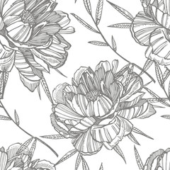 Peony flower and leaves drawing. Hand drawn engraved floral set. Botanical illustrations. Great for tattoo, invitations, greeting cards. Seamless pattern.