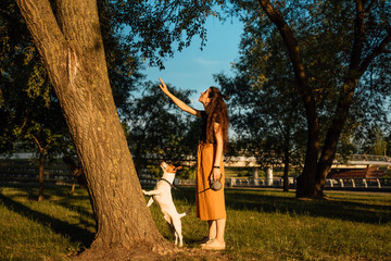 Happy beautiful young girl in dress with dog play in nature. Tinted and filtered photo. Modern youth lifestyle concept. man and animal together. little jack russell terrier