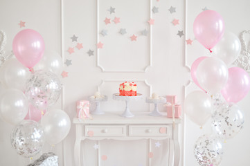 Decorations for birthday party. A lot of balloons. 