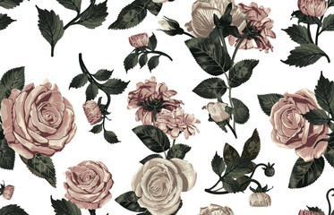 Elegant pattern of blush toned rustic flowers isolated in a solid background great for textile print, background, handmade card design, invitations, wallpaper, packaging, interior or fashion designs.