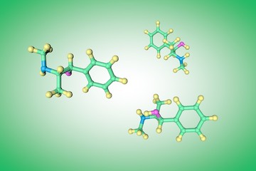 Molecular structure of ephedrine. Ephedrine is a medication and stimulant. It is used as decongestant, stimulant and appetite suppressant. Medical background. Scientific background. 3d illustration
