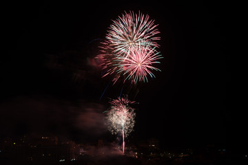 Firework celebrating Bastille Day in Biarritz city. Basque Country of France.