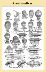 Vintage blabk and white table: hot air balloons and dirigibles © acrogame