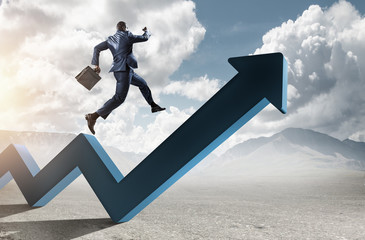 Black businessman running on blue zigzag increasing arrow