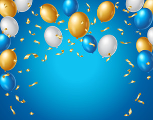 Colored blue, white and gold balloons and golden confetti on a blue background with space for your text. Colorful birthday anniversary background vector