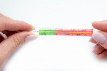 Thermometer show high temperature on the white background
