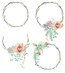 Set of watercolor flowers wreaths with branch, succulents and cactus
