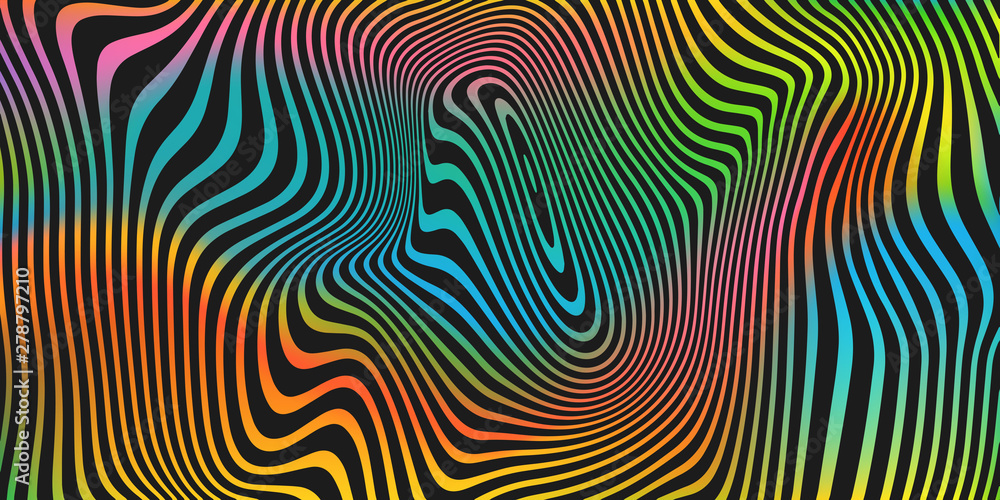 Poster liquid color blend and black stripes pattern vector background. abstract holographic iridescent flui