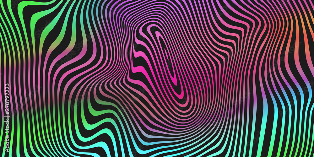 Poster liquid color blend, holographic black stripes pattern background. vector abstract iridescent fluid c