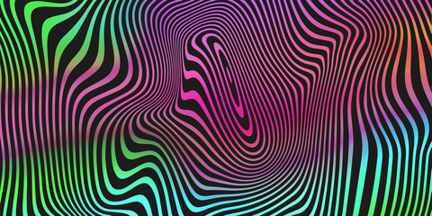 Liquid color blend, holographic black stripes pattern background. Vector abstract iridescent fluid colors splash background