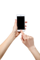 Fototapeta na wymiar Smartphone in female hands isolated on white background