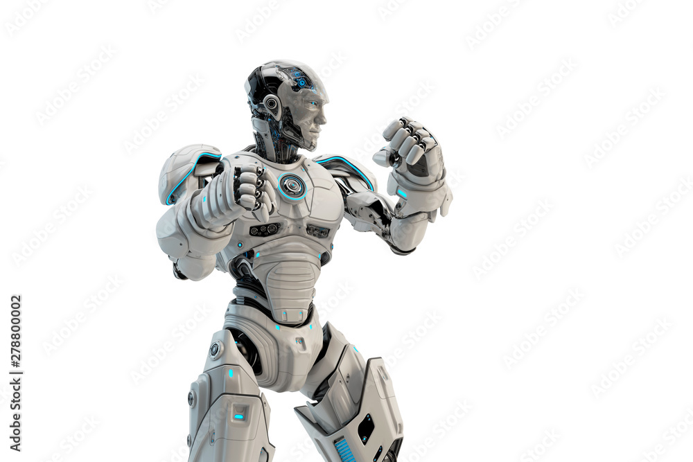 Poster white robot boxer in rack stand, 3d rendering