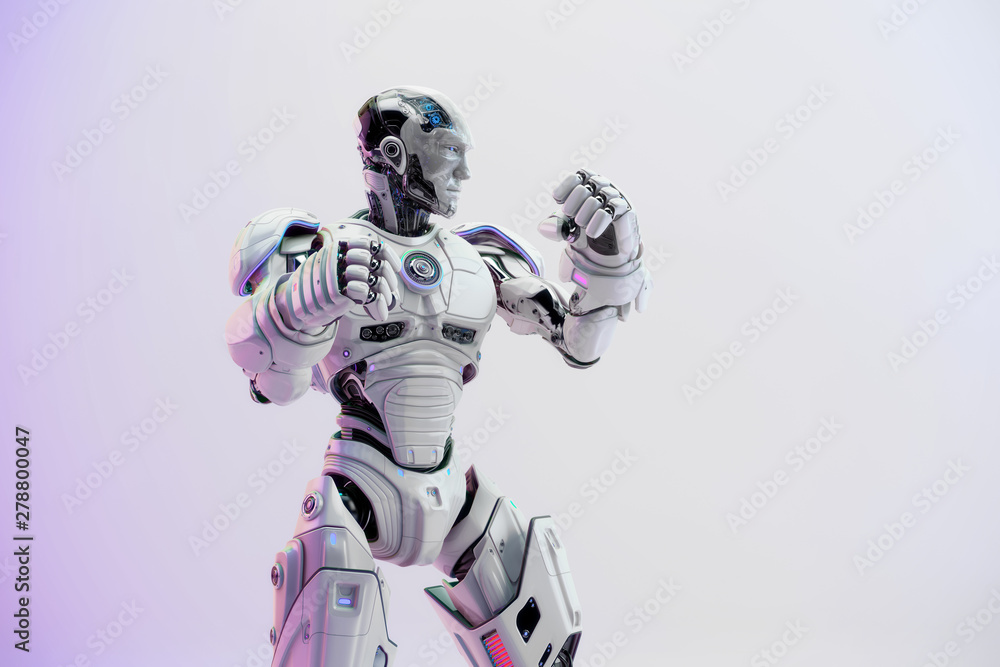 Poster white robot boxer in rack stand, 3d rendering