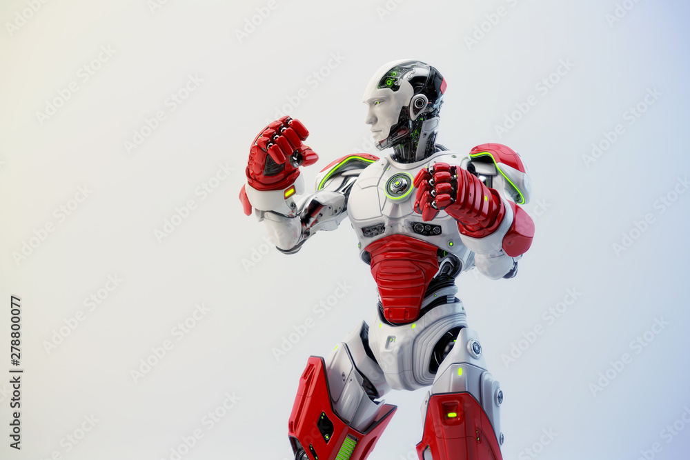 Poster white-red robot boxer in rack stand, 3d rendering