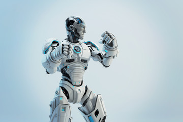 White robot boxer in rack stand, 3d rendering