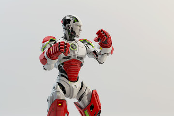 White-red robot boxer in rack stand, 3d rendering