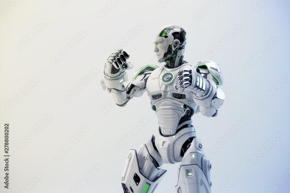 Poster white robot boxer in rack stand, 3d rendering