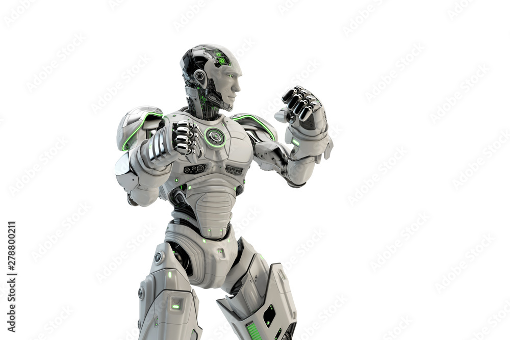 Poster white robot boxer in rack stand, 3d rendering
