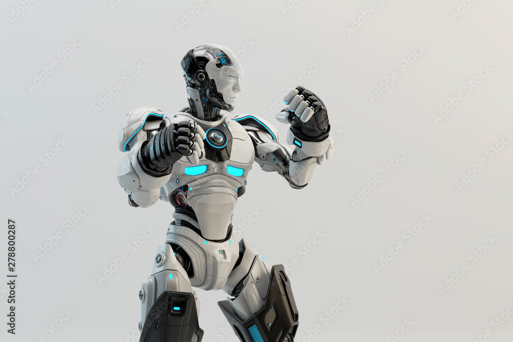 Poster white robot boxer in rack stand, 3d rendering