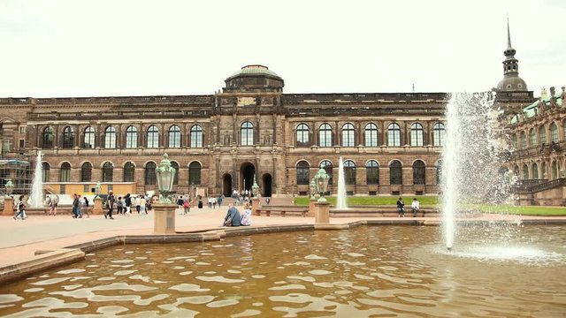 Ronin shot of famous Zwinger palace (Der Dresdner Zwinger) Art Gallery of Dresden. Colorful spring scene in Dresden, Saxony, Germany, Europe. 4k video. Wide angle, prores, slow motion