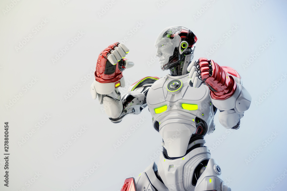 Poster white-red robot boxer in rack stand, 3d rendering