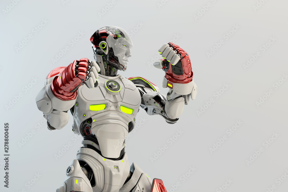 Poster white-red robot boxer in rack stand, 3d rendering