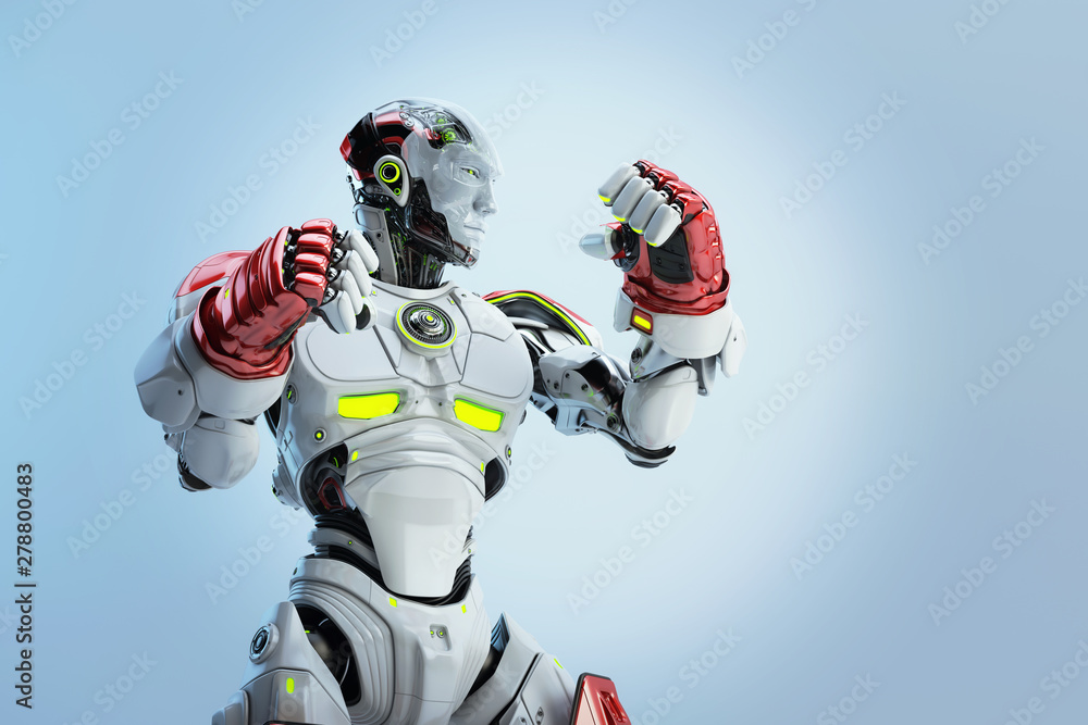 Poster white-red robot boxer in rack stand, 3d rendering