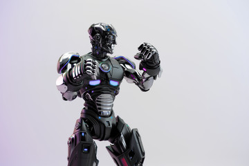 Naklejka premium Black robot boxer in rack stand, 3d rendering