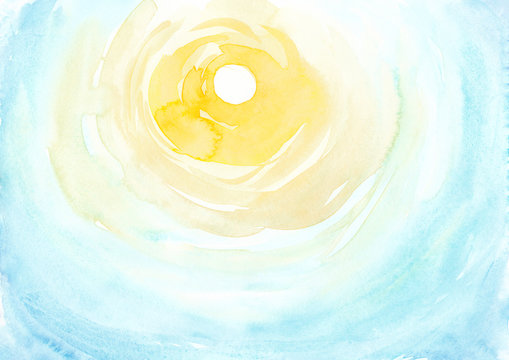 Watercolor Blue Sky With Bright Sun Background Hand Drawn Texture