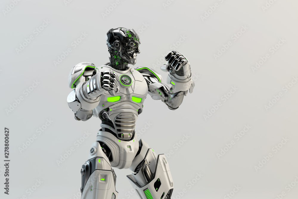 Poster white robot boxer in rack stand, 3d rendering