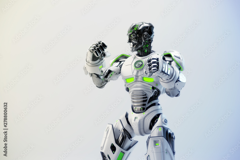 Poster white robot boxer in rack stand, 3d rendering