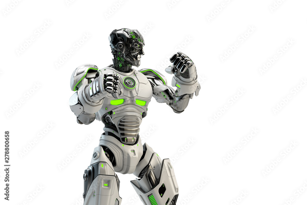 Poster white robot boxer in rack stand, 3d rendering