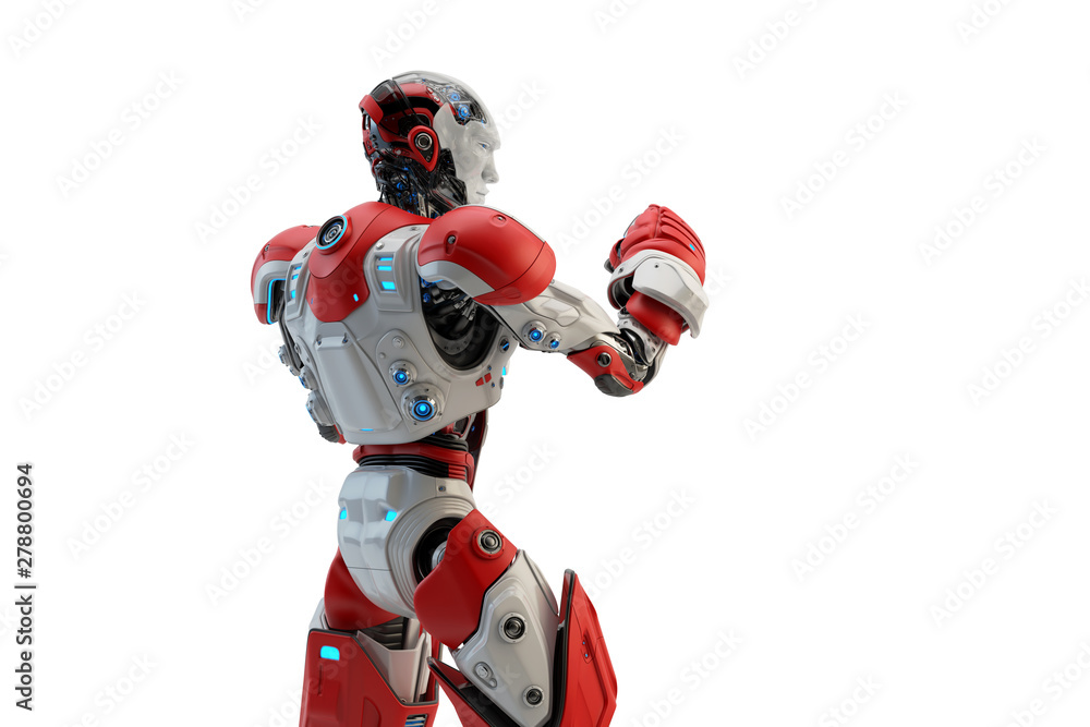Poster red-white robot boxer in rack stand, 3d rendering backwards