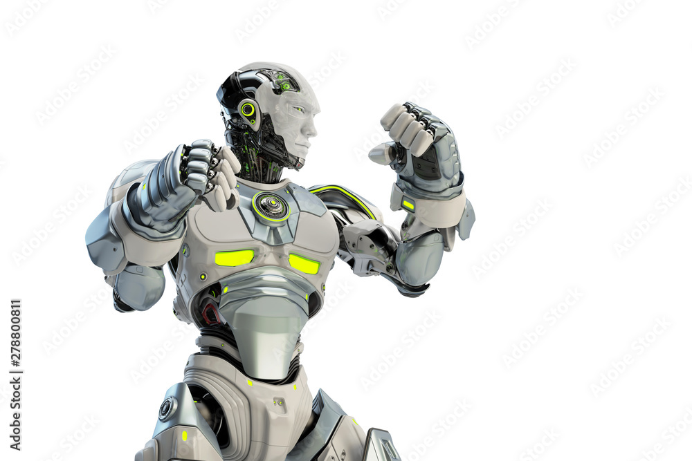 Poster white robot boxer in rack stand, 3d rendering