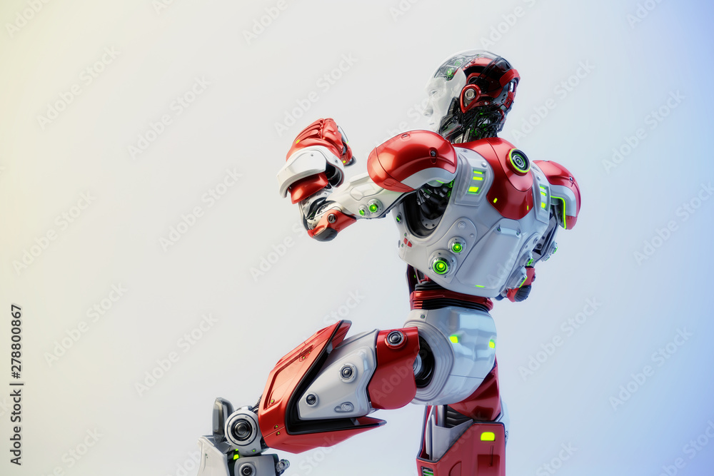 Poster red-white robot boxer in rack stand, 3d rendering backwards
