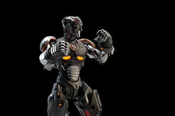 Steel robot boxer in rack stand, 3d rendering on dark background