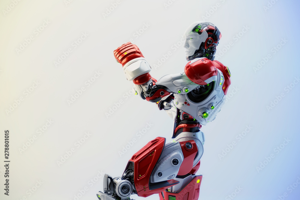 Poster white-red robot boxer in rack stand, 3d rendering