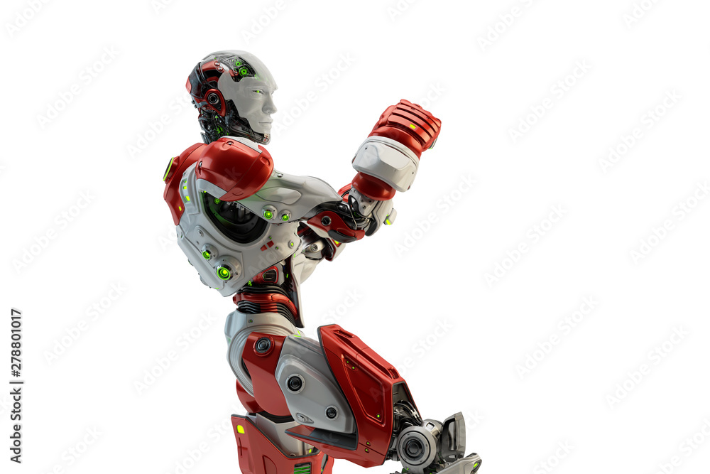 Poster White-red robot boxer in rack stand, 3d rendering
