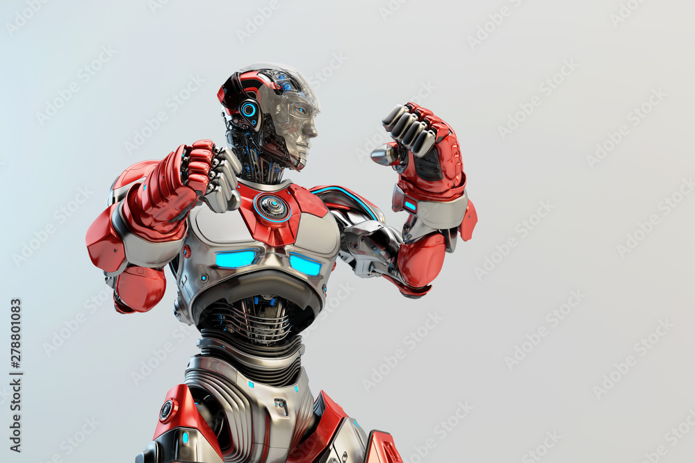 Poster robot boxer in rack stand, 3d rendering