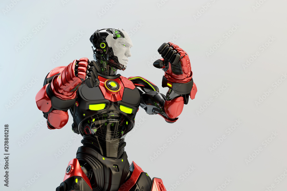 Poster black-red robot boxer in rack stand, 3d rendering