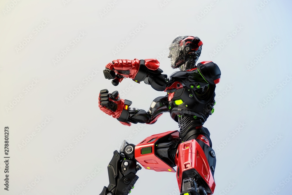 Poster black-red robot boxer in rack stand, 3d rendering