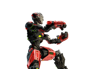 Black-red robot boxer in rack stand, 3d rendering