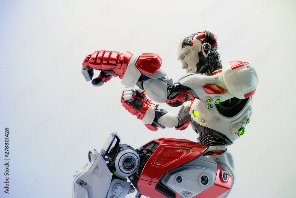 Poster white-red robot boxer making punch in the air, 3d rendering