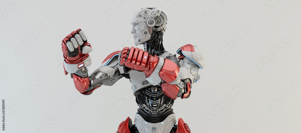 Poster white-red robot boxer in rack stand, torso 3d rendering