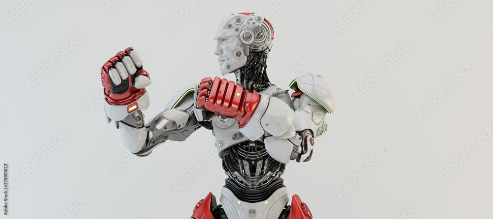 Poster white-red robot boxer in rack stand, torso 3d rendering