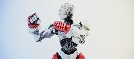 White-red Robot boxer in rack stand, torso 3d rendering