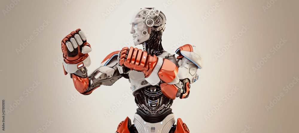 Poster white-red robot boxer in rack stand, torso 3d rendering
